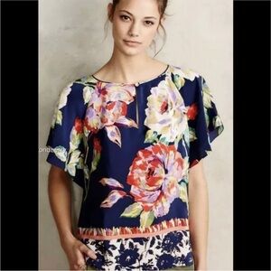Anthropologie Maeve Gardenia Floral Silk‎ Blouse Top Size 2 EUC